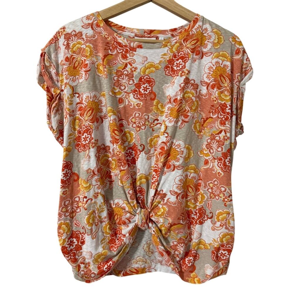 Chico's Floral Knot Front Tee in Smokey Taupe‎ Size Medium